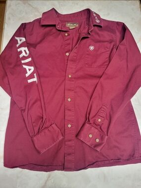 Ariat Boys Button Down Shirt Red Logo Sleeve Western Size Large 14-16